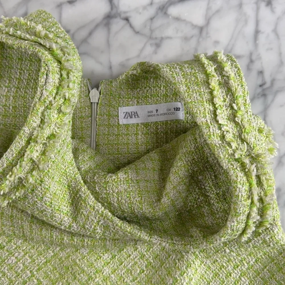Zara A-line Dress Tweed Sleeveless Fringed Raw Hem Back Zip Green Girls Sz 7